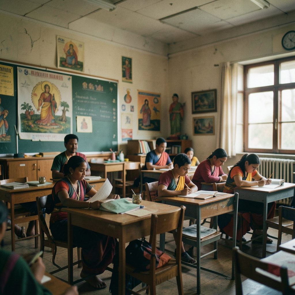 A warmly lit seminar room with bookshelves lining the walls, soft amber and cream tones, a long wooden table with open notebooks, evoking quiet scholarly conversation